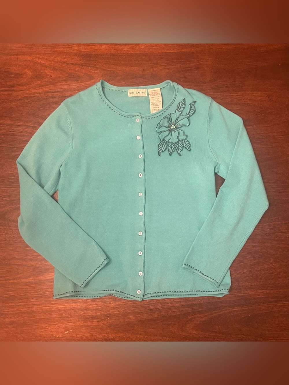 White Stag Seafoam Green Cardigan with Beaded Floral Appliqué